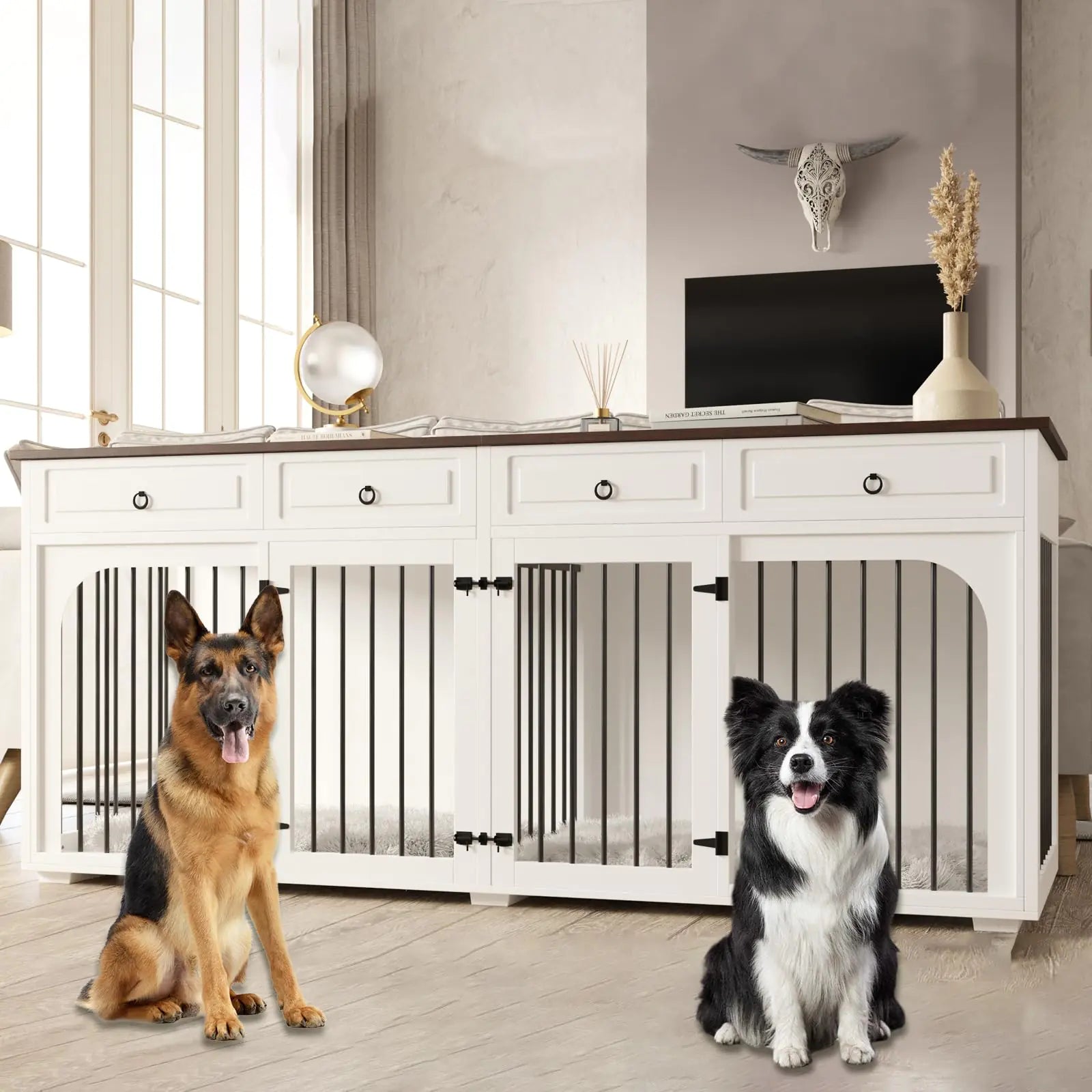 86.6" Large Dog Crate Furniture for 2 DogsXXXL Wooden Furniture Style Double Dog Crates Kennel Cage TV Stand End Table with 4 Drawers Divider LocksWhite