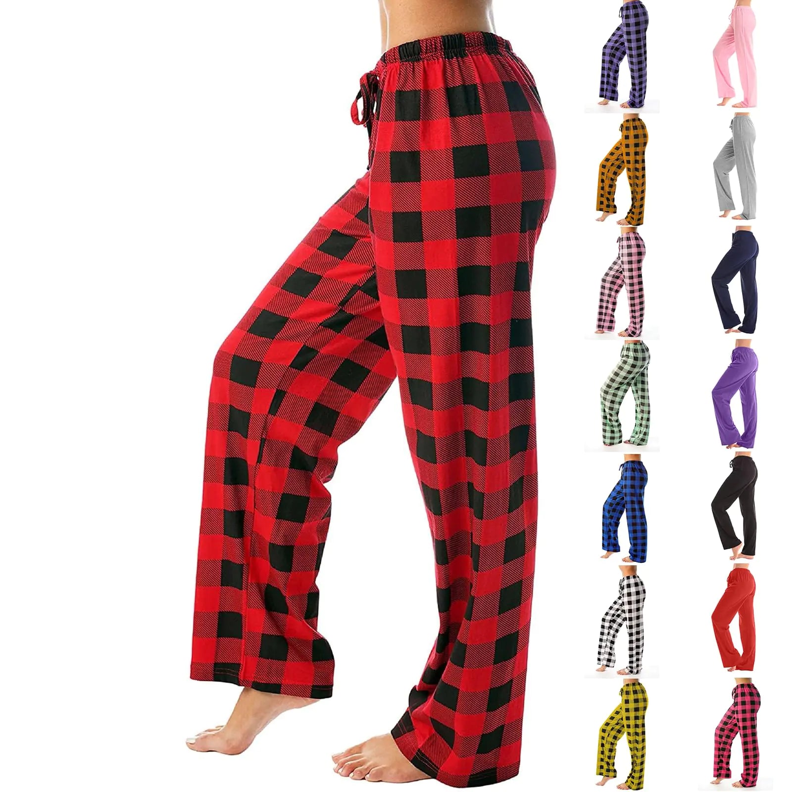 Buffalo Plaid Pajama Pants Cotton Soft Plaid Pj Pants Drawstring Wide Leg Plaid Pants Flannel Pajama Bottoms Sleepwear Plaid Pajama Pants Christmas Pajama Pants Women Red and Black Plaid Pajama Pants
