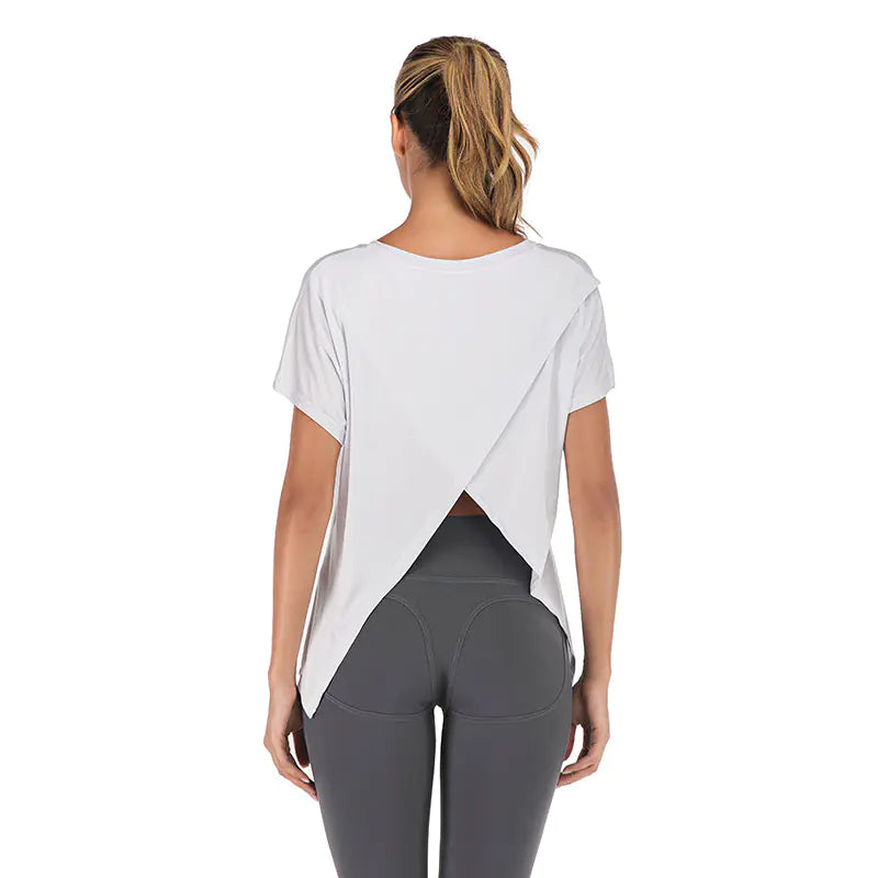 Summer V-Neck Sports T-Shirt with Open Back for Women