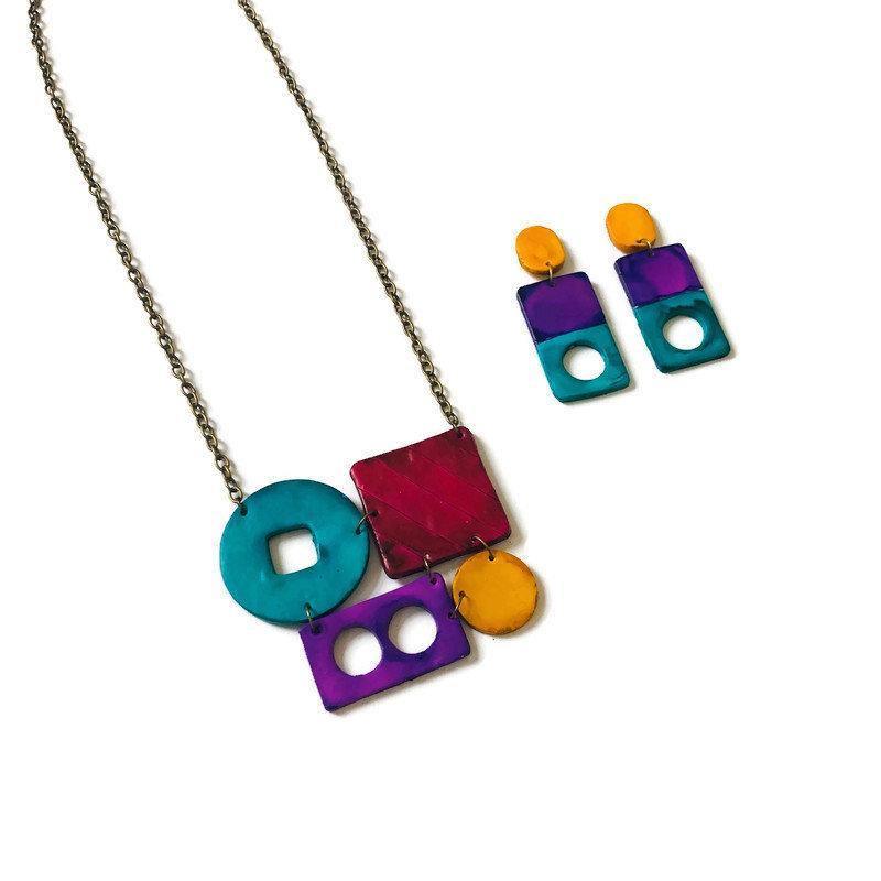 Funky Statement Necklace with Bold Colorful Geometric Style