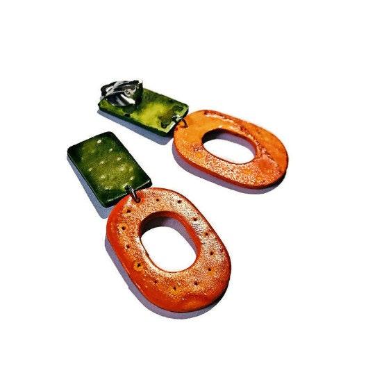 Large Handmade Statement Earrings Orange & Green